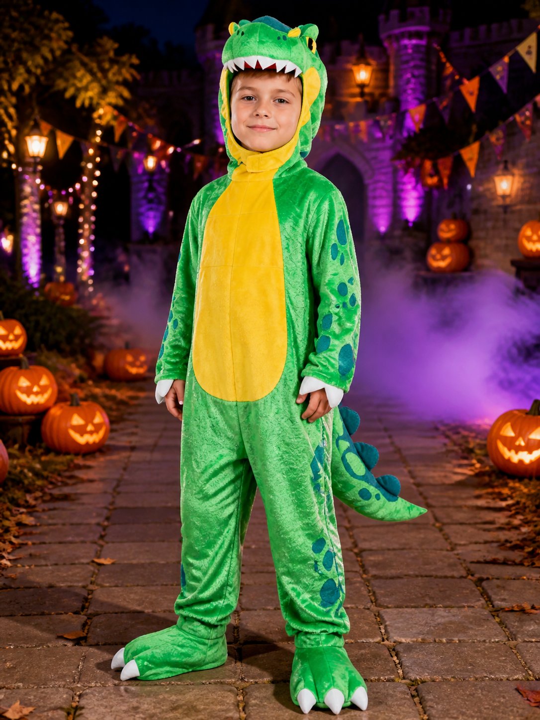 Green Dinosaur Hooded Bodysuit Costume with Blue Spots and Tail - Halloween on-model Halloween scene view