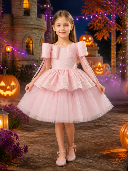 Baby Girls' Pink Princess Dress with Lace Bodice, Ruffle Sleeves and Layered Costume Dresses detail 2