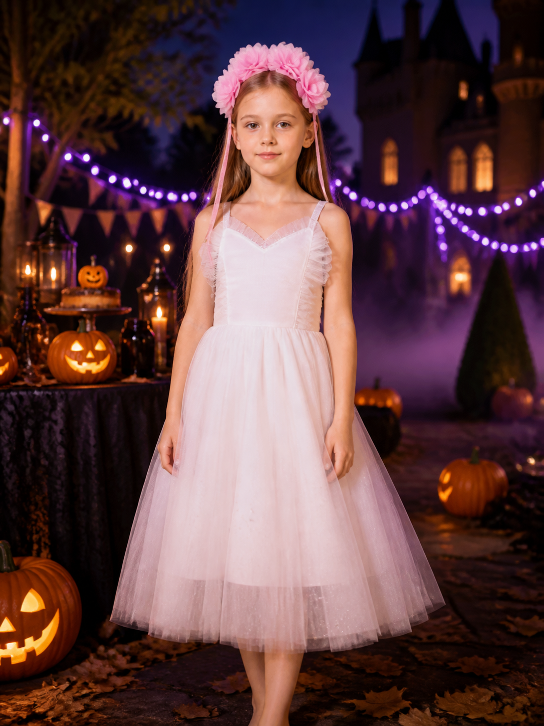 Kids Princess Pink Flower Headpiece with Long Ribbons, Halloween Costume Costume Headwear detail 2