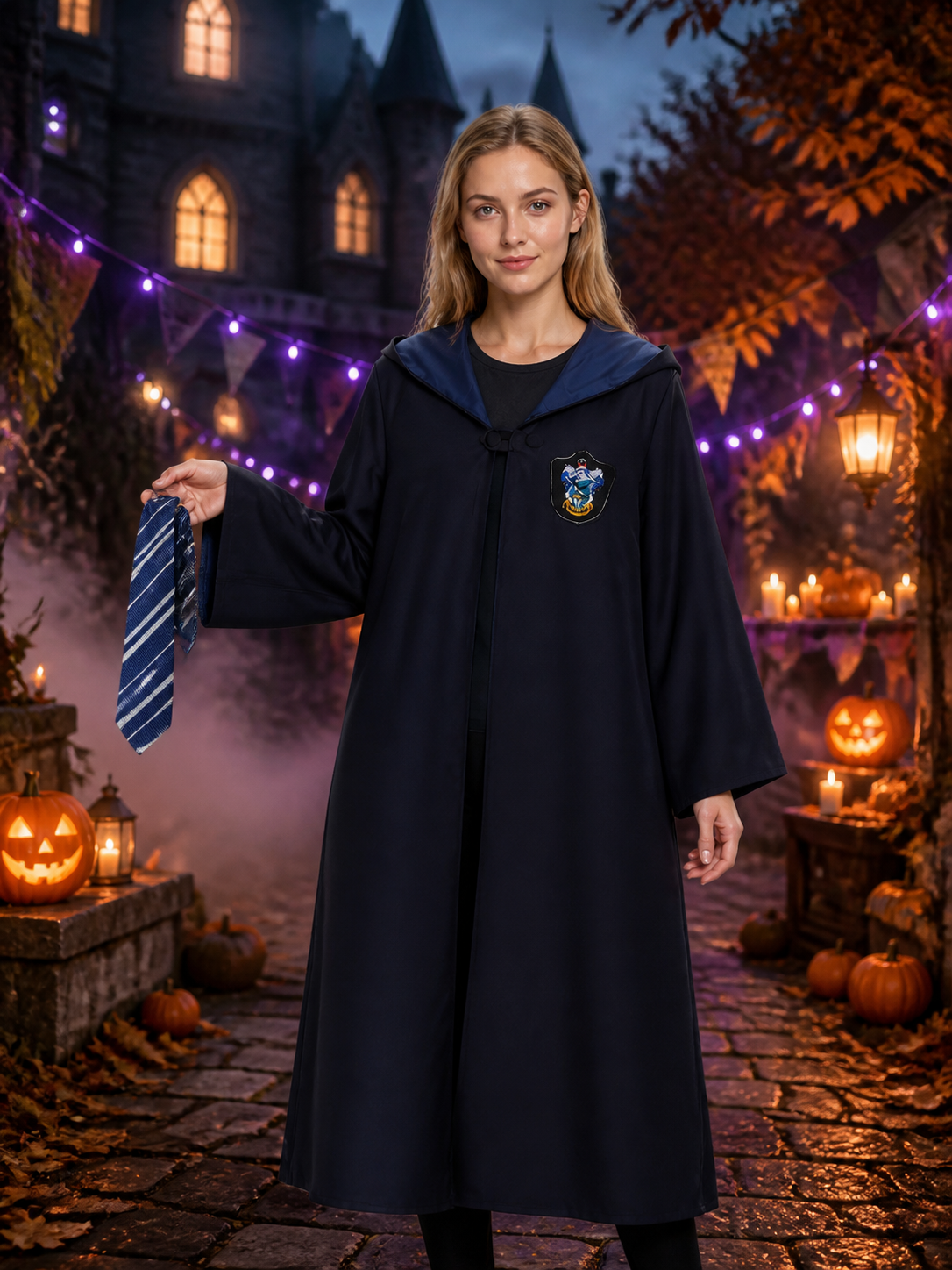 Kids Blue and White Academy Hooded Wizard Robe Costume Set with Tie Costumes detail 2