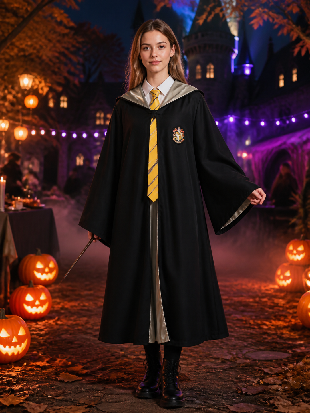 Wizard Robe Costume Set, Long Black Cloak with Crest and Striped Tie, Halloween Costume Capes detail 2