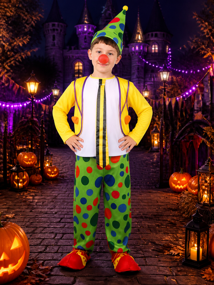 Kids Clown Jumpsuit Costume Set with Colorful Polka Dots and Cone Hat Costume Headwear detail 2