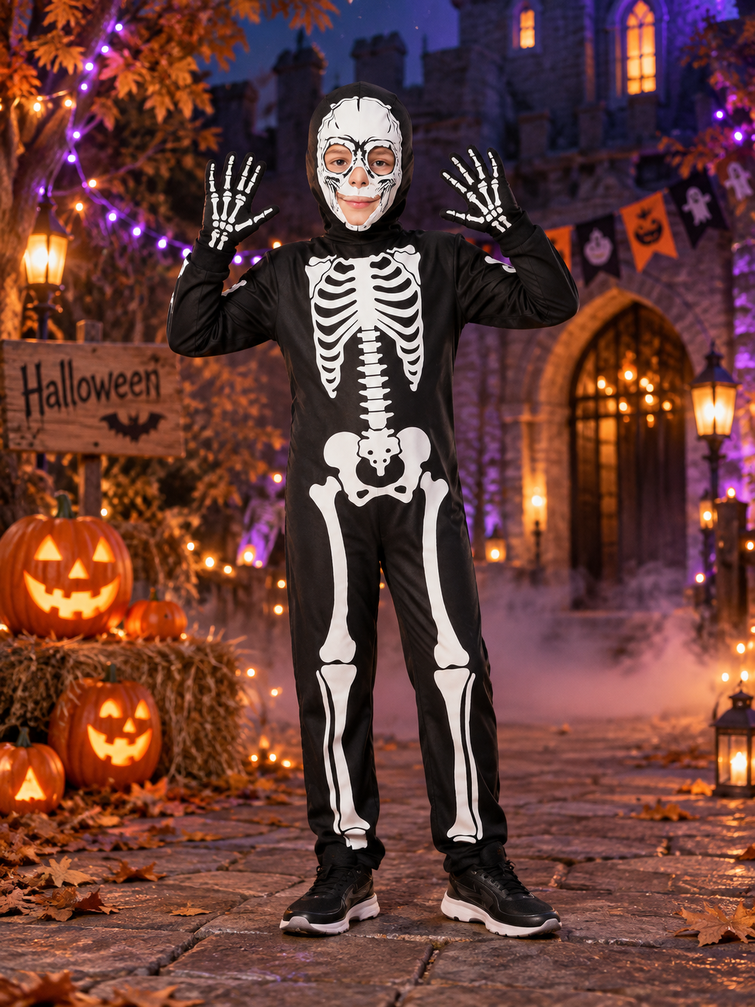 Kids' Glow-in-the-Dark Skeleton Costume with Mask