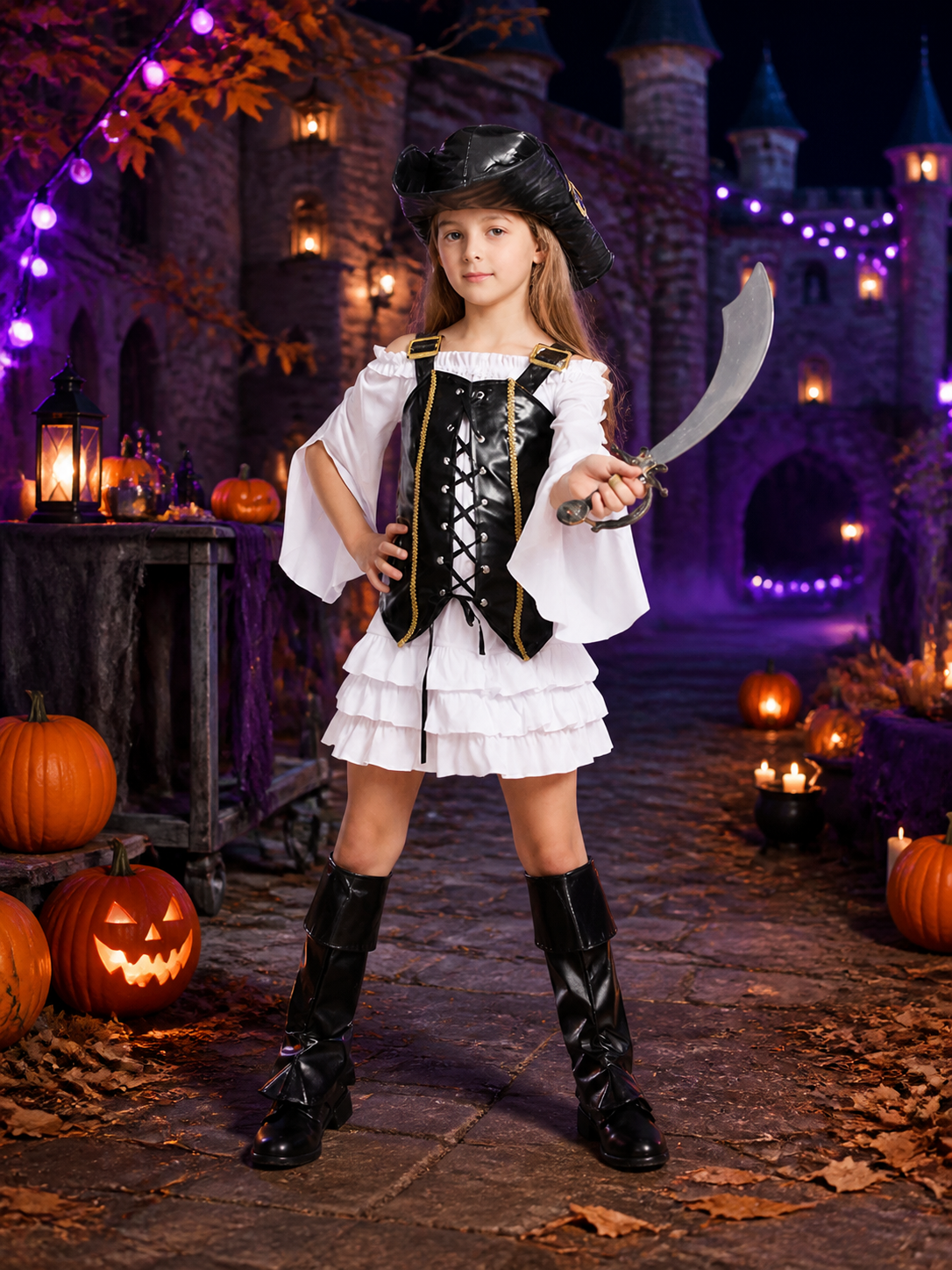 Girl's Pirate Costume Set with Corset Top, Ruffle Skirt & Hat, Black & White Costume Headwear detail 2