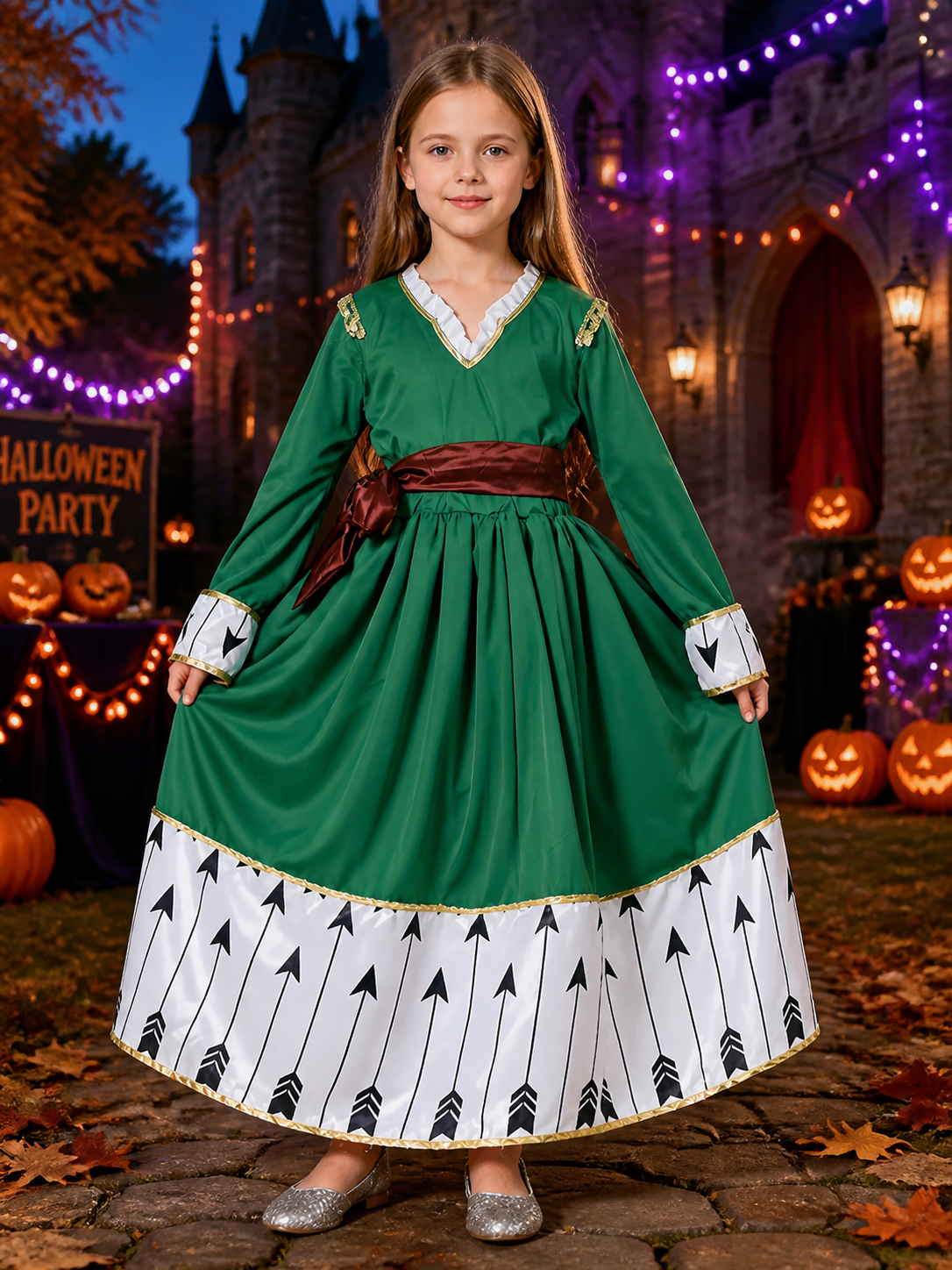 Kids Princess Costume Dress with Arrow Print and Gold Trim, Long Sleeve Party on-model Halloween scene view