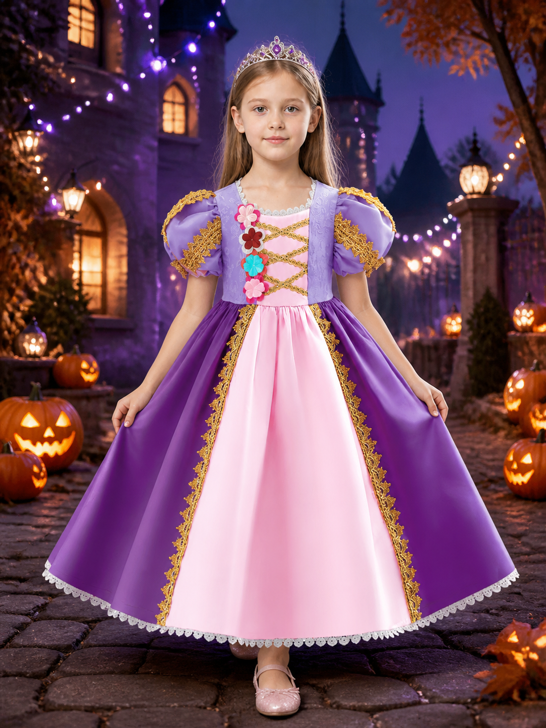 Toddler Girls' Purple Pink Princess Dress, Puff Sleeves, Floral Full Skirt