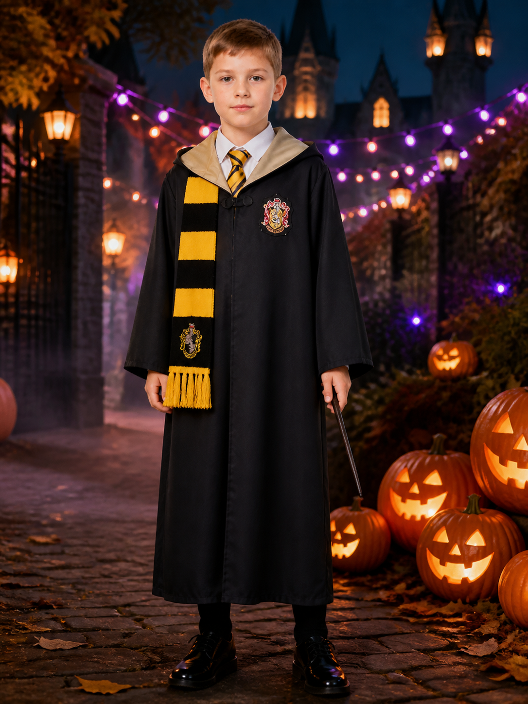 Hufflepuff Wizard Robe Costume Set With Scarf And Tie, Black And Gold Halloween Costumes detail 2