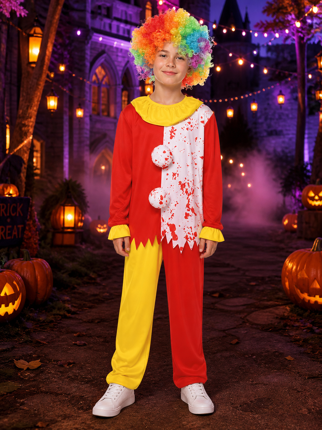 Kids' Clown Costume Jumpsuit Set with Rainbow Afro Wig, Colorful Halloween Costume Wigs detail 2