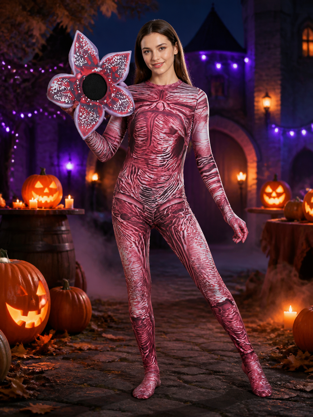 Carnivorous Plant Jumpsuit Costume Set with Petal Headpiece and Muscle Texture on-model Halloween scene view