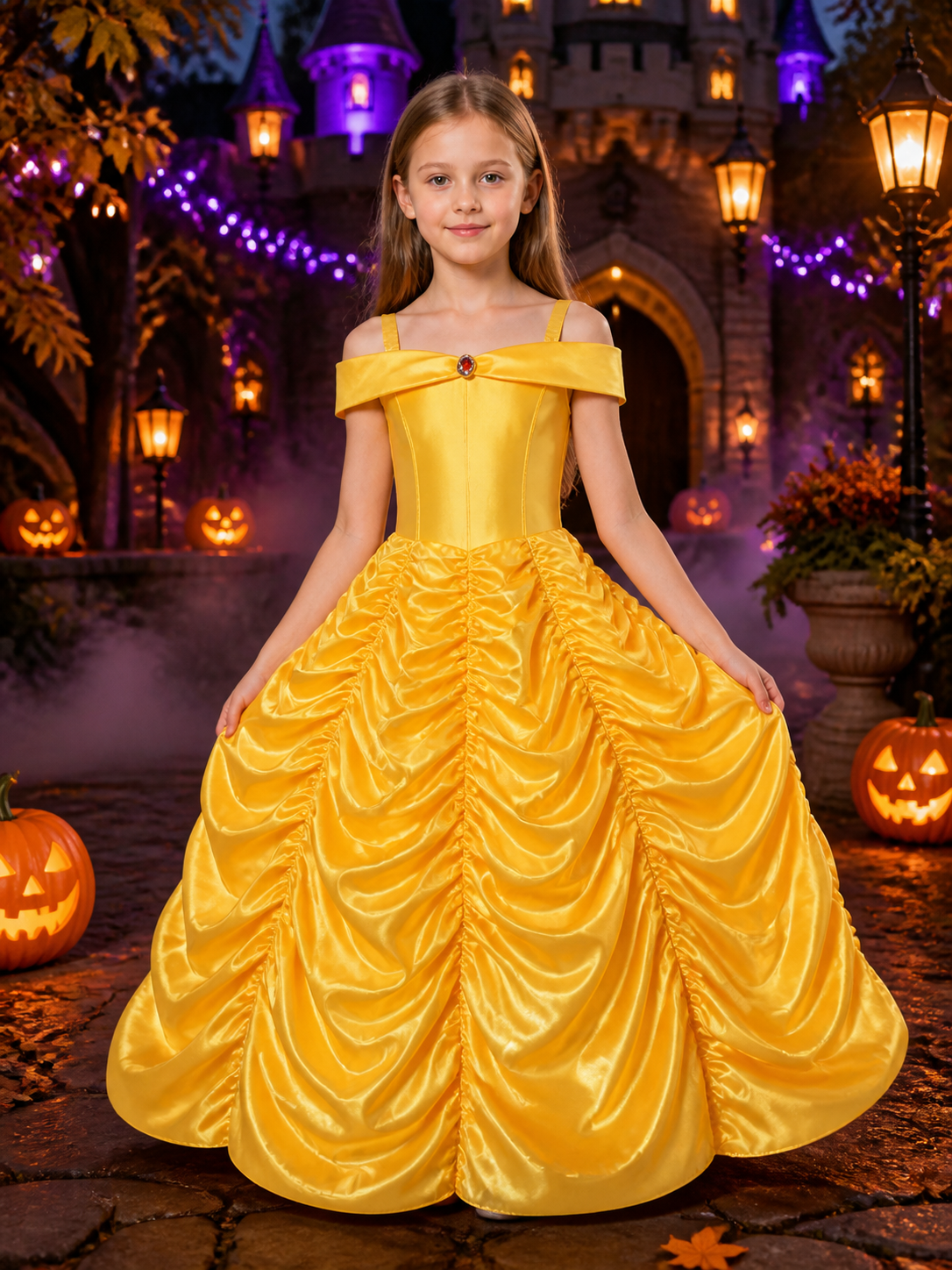 Kids Belle Princess Costume Dress, Yellow Bow-Decorated Long Ball Gown Halloween Costume Dresses detail 2