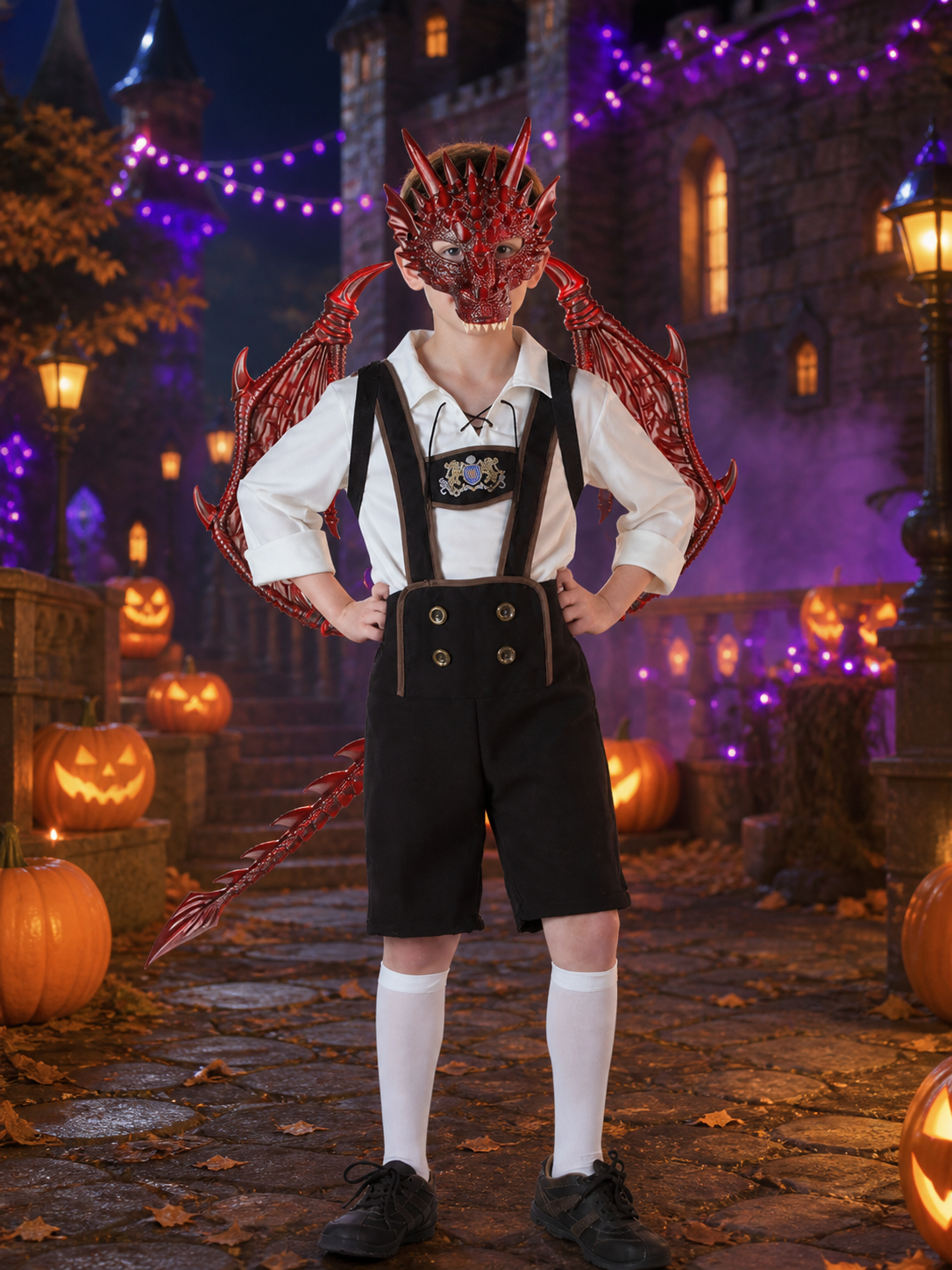 Kids Red Dragon Halloween Costume Set with Mask, Wings and Tail Costume Masks detail 2