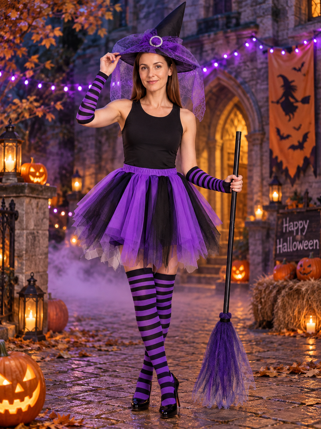 Witch Costume 5 Pieces Purple and Black with Broom