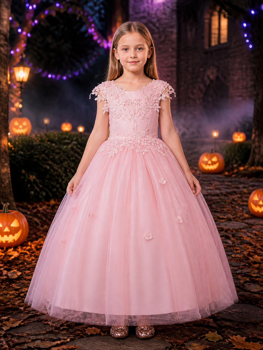 Girls' Pink Flower Girl Princess Dress With Floral Lace and Puffy Skirt Costume Dresses detail 2