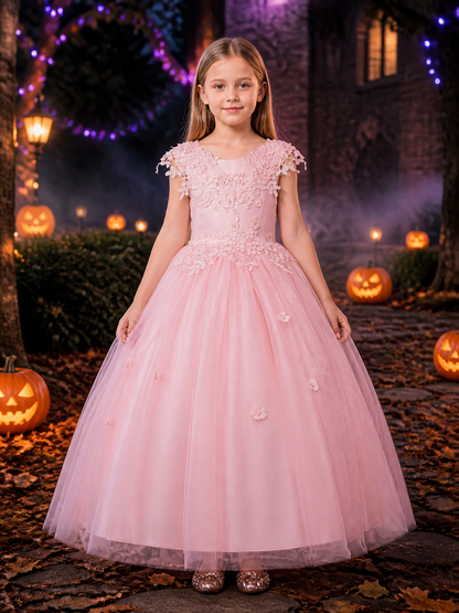 Girls' Pink Flower Girl Princess Dress With Floral Lace and Puffy Skirt Costume Dresses detail 2