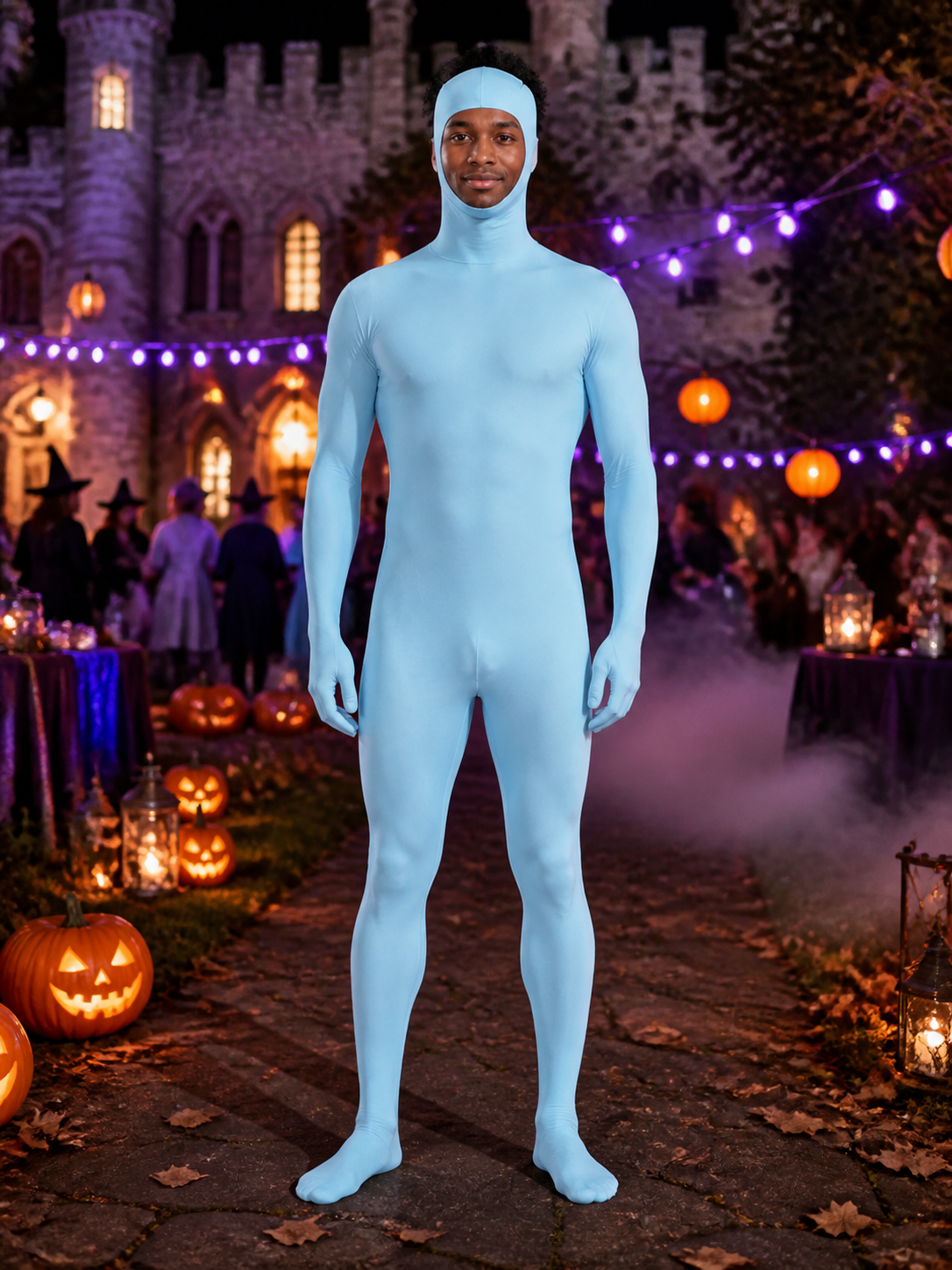 Kids Light Blue Hooded Zentai Jumpsuit Costume, Full-Body Halloween Cosplay Suit Costumes detail 2