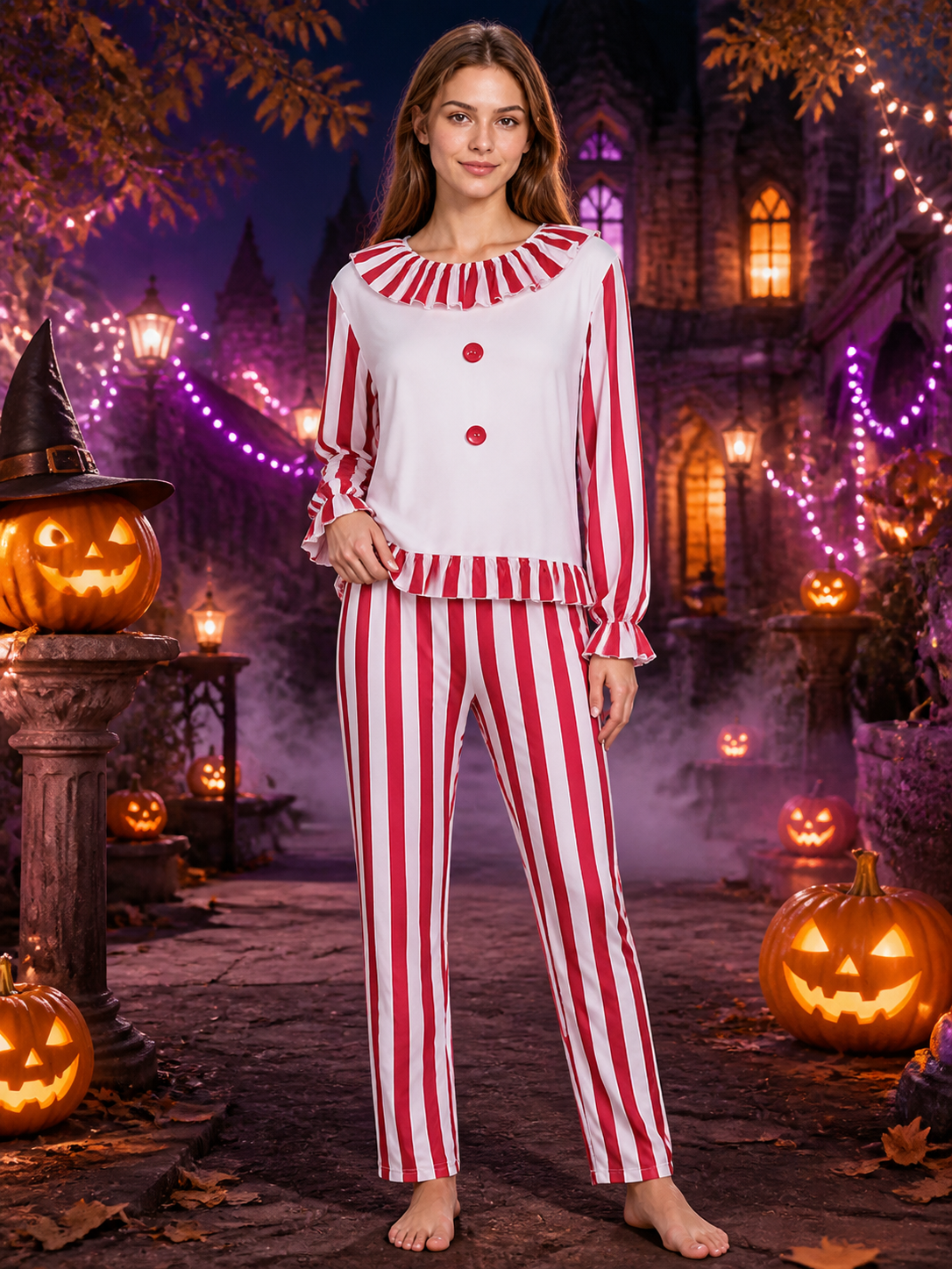 Red Striped Clown Costume Set for Adults, Ruffle Trim 2-Piece Halloween Outfit Costumes detail 2