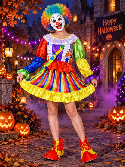Colorful Clown Costume for Adults: Dress, Wig, Mask