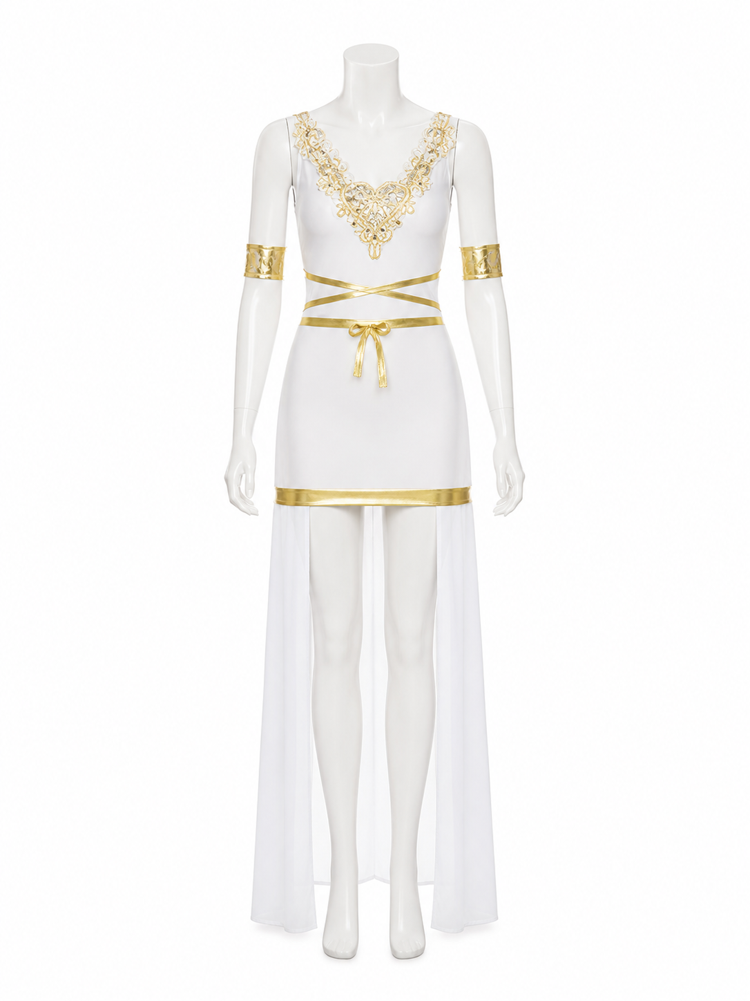 Egyptian Goddess Costume, White and Gold Sleeveless High-Slit Dress With Arm Costume Dresses detail 2