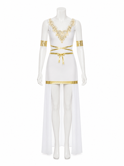 Egyptian Goddess Costume, White and Gold Sleeveless High-Slit Dress With Arm Costume Dresses detail 2