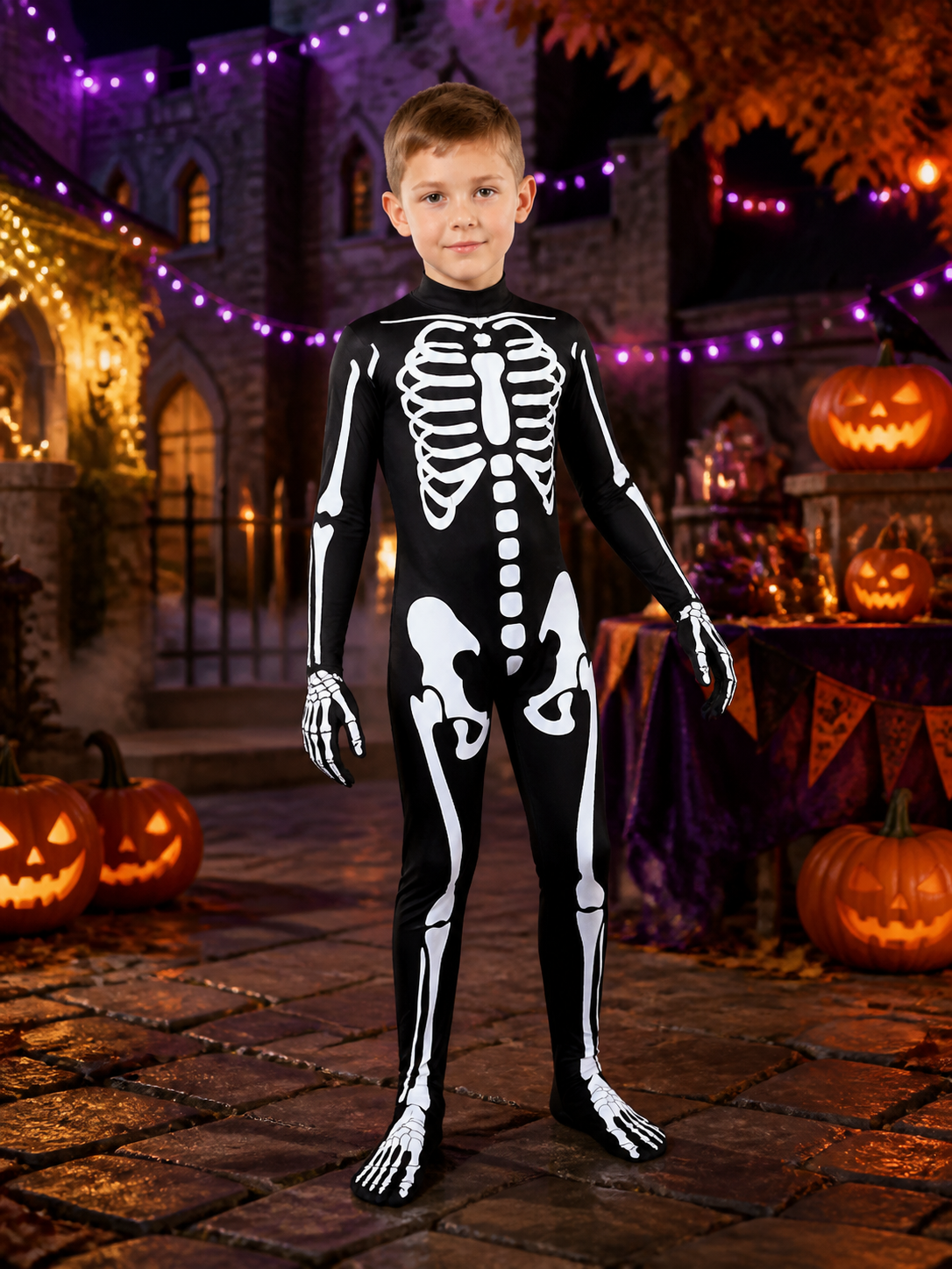 Skeleton Bodysuit Costume, Hooded Full Body Halloween Outfit on-model Halloween scene view