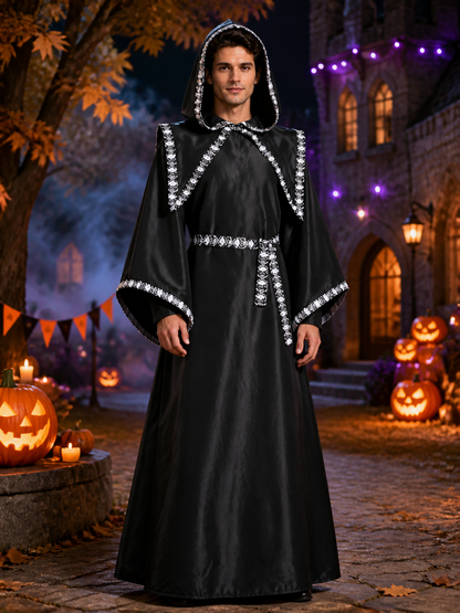 Adult Black Wizard Costume Set, Hooded Long Robe With Silver Trim, Cloak And Costume Capes detail 2