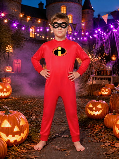 Kids' Red Superhero Long-Sleeve Bodysuit Costume With Character Mask Costume Masks detail 2