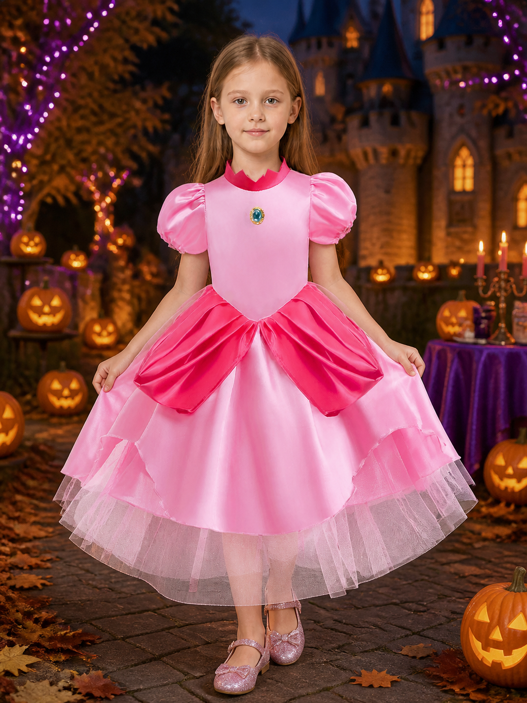 Girls Princess Peach Super Mario Halloween Costume Dress, Pink Tulle Puff Sleeve on-model Halloween scene view