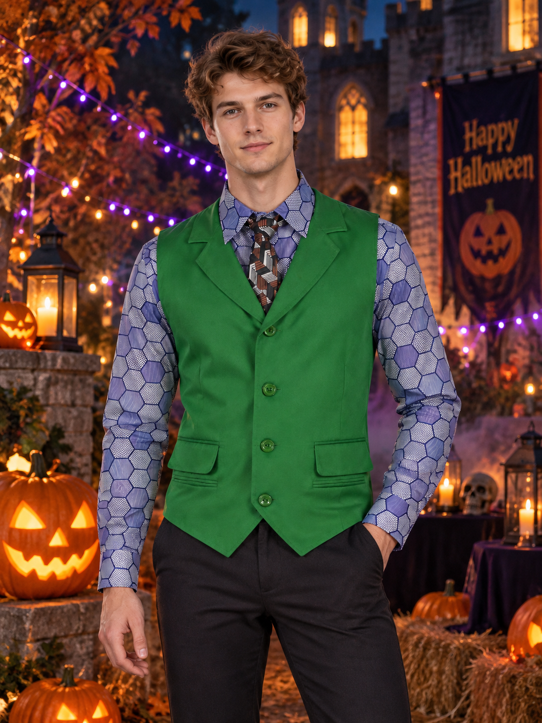 Cosplay Costume with Green Vest, Shirt, and Tie