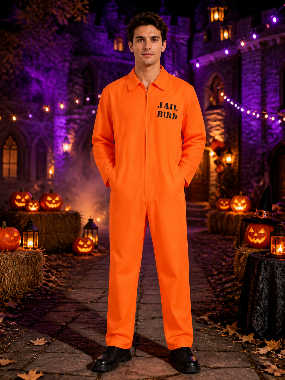 Orange Prisoner Jumpsuit Costume, Collared Long Sleeve Zip-Up Halloween Cosplay Costumes detail 2
