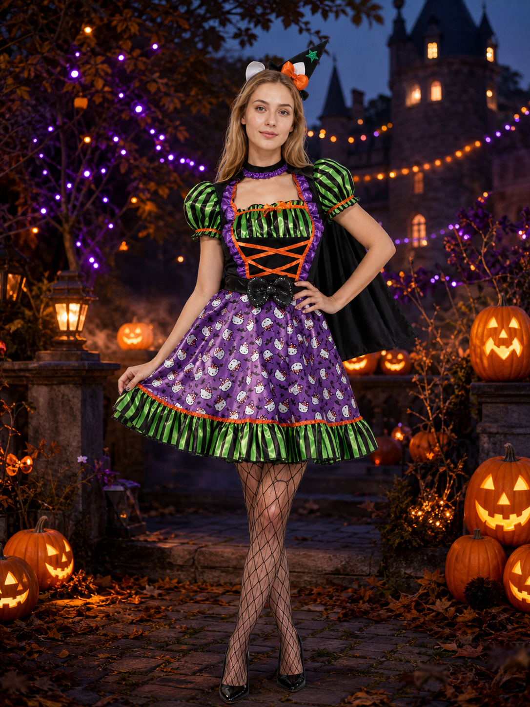 Women's Witch Costume Set with Cape and Hat, Purple Ghost Print Dress for Costume Dresses detail 2