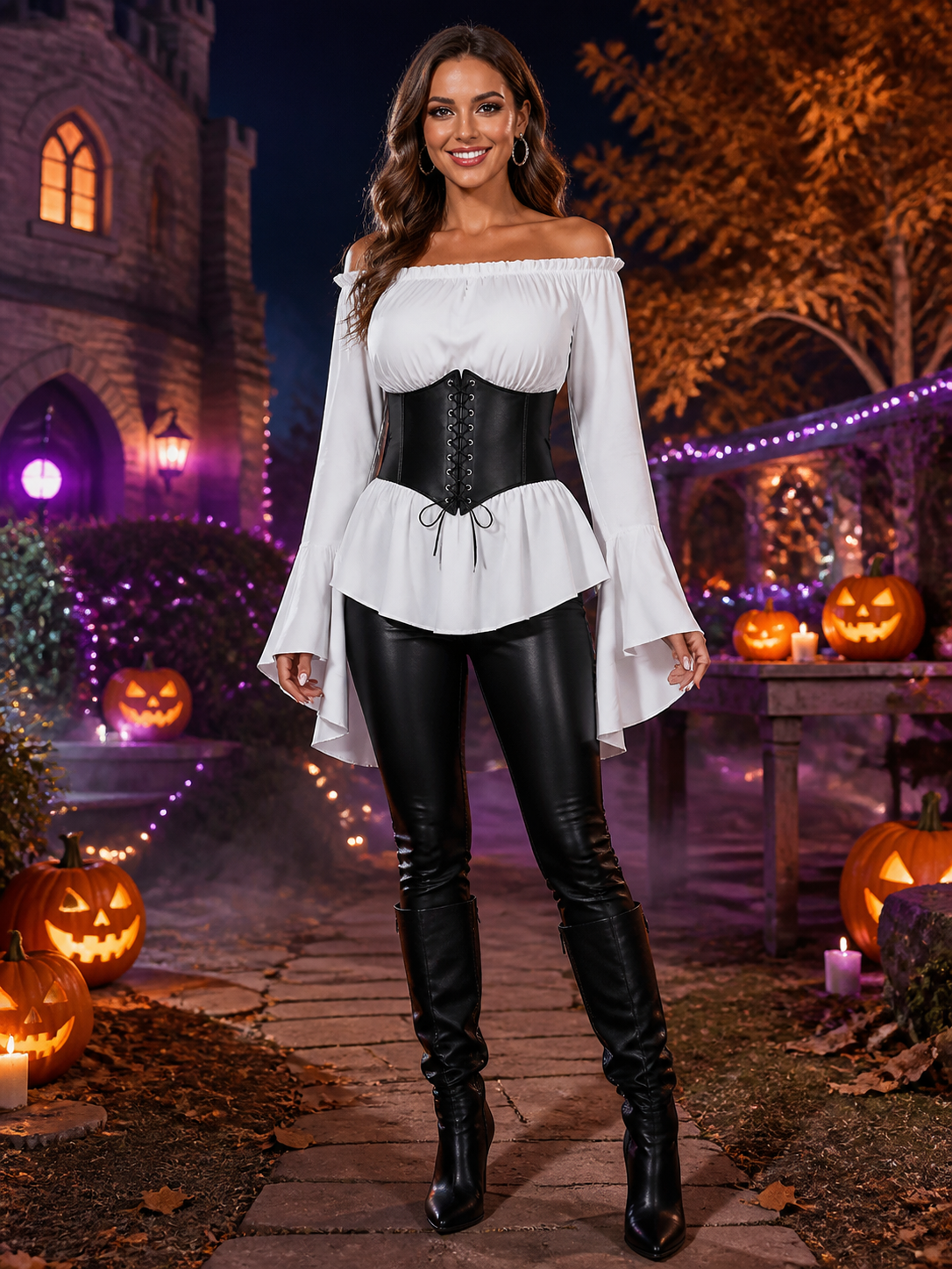 Women's Pirate Costume Top with Laced Corset Belt, Asymmetrical Hem Costumes detail 2