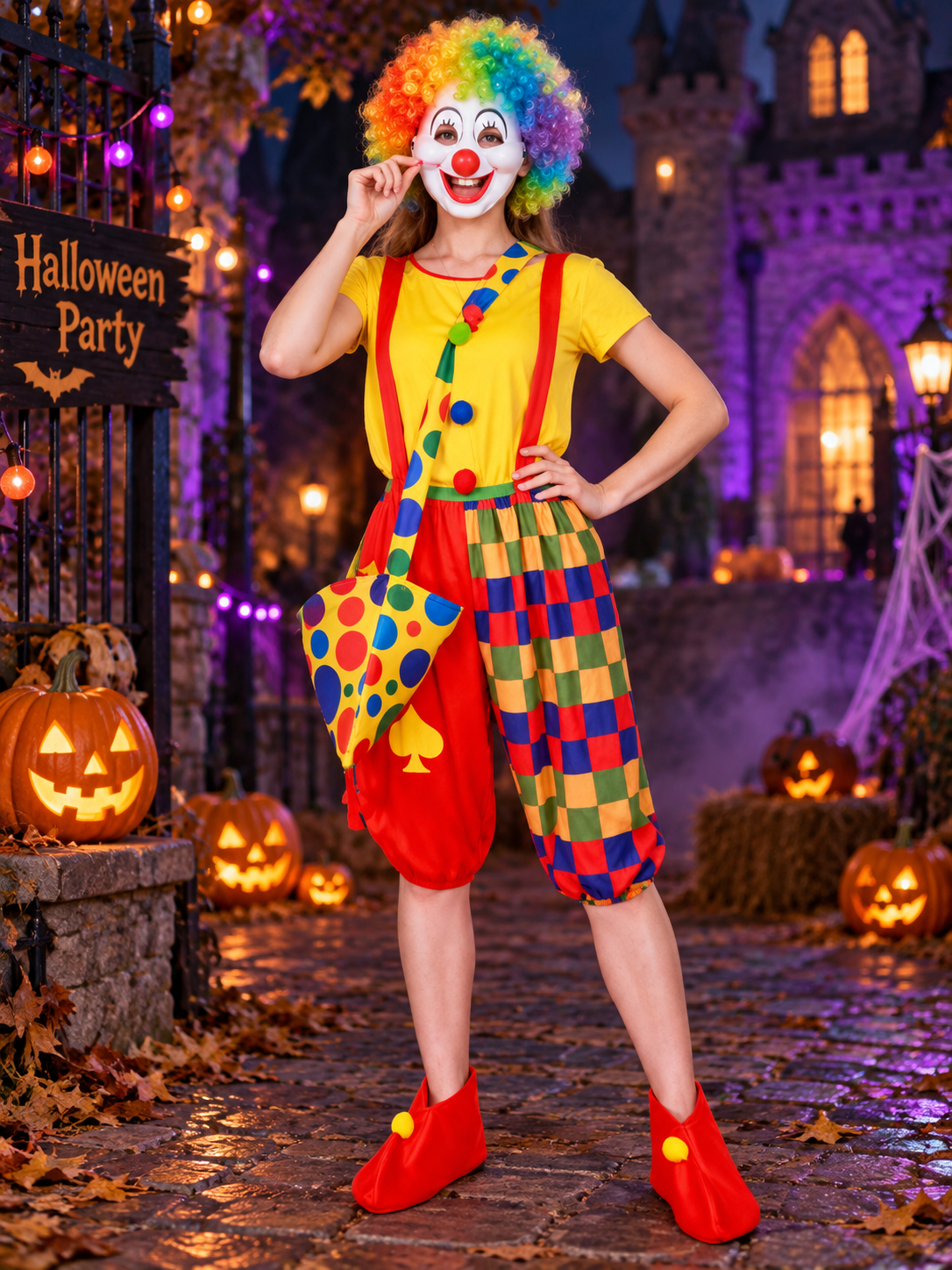 Adult Clown Costume, Yellow T-Shirt, Wig, Mask