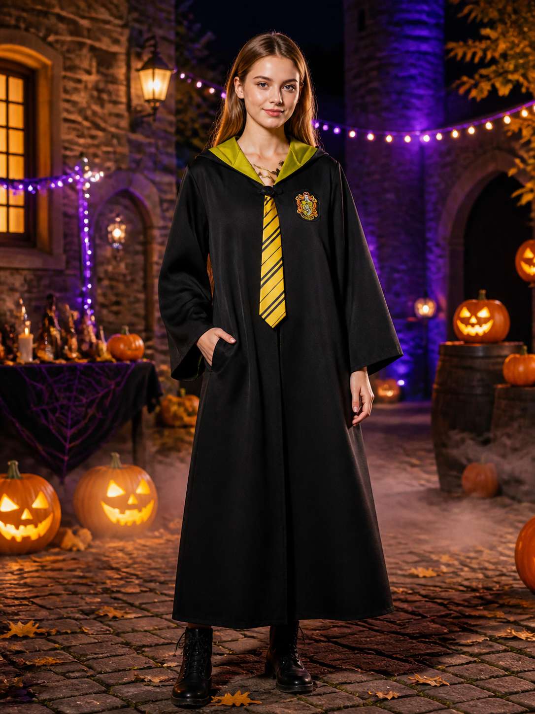 Hufflepuff Long Hooded Wizard Robe Costume Set with Striped Tie for Halloween Costumes detail 2