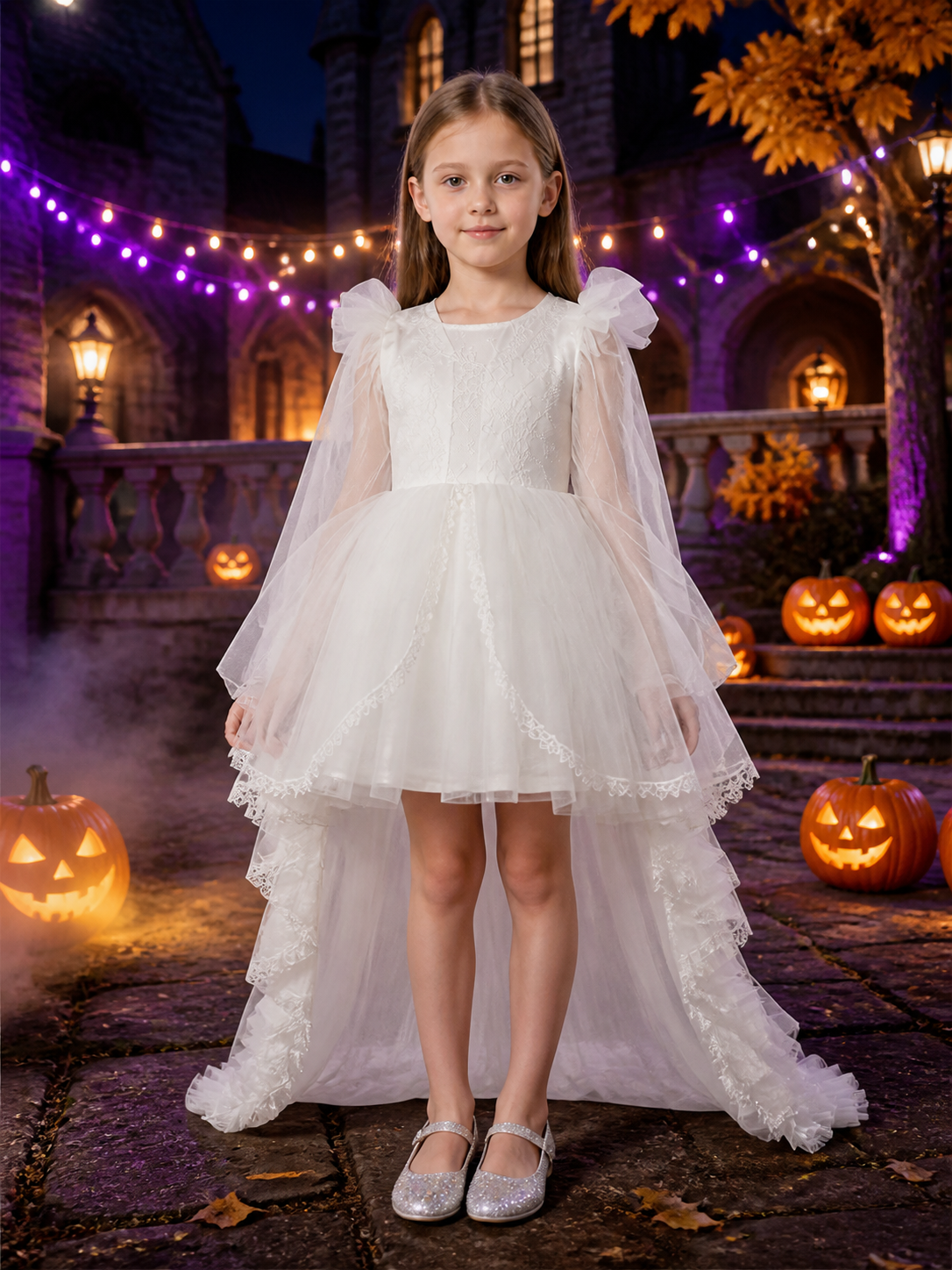 Toddler Girls' White Princess Dress with Lace Trim, Long Sleeves and Tiered Costume Dresses detail 2