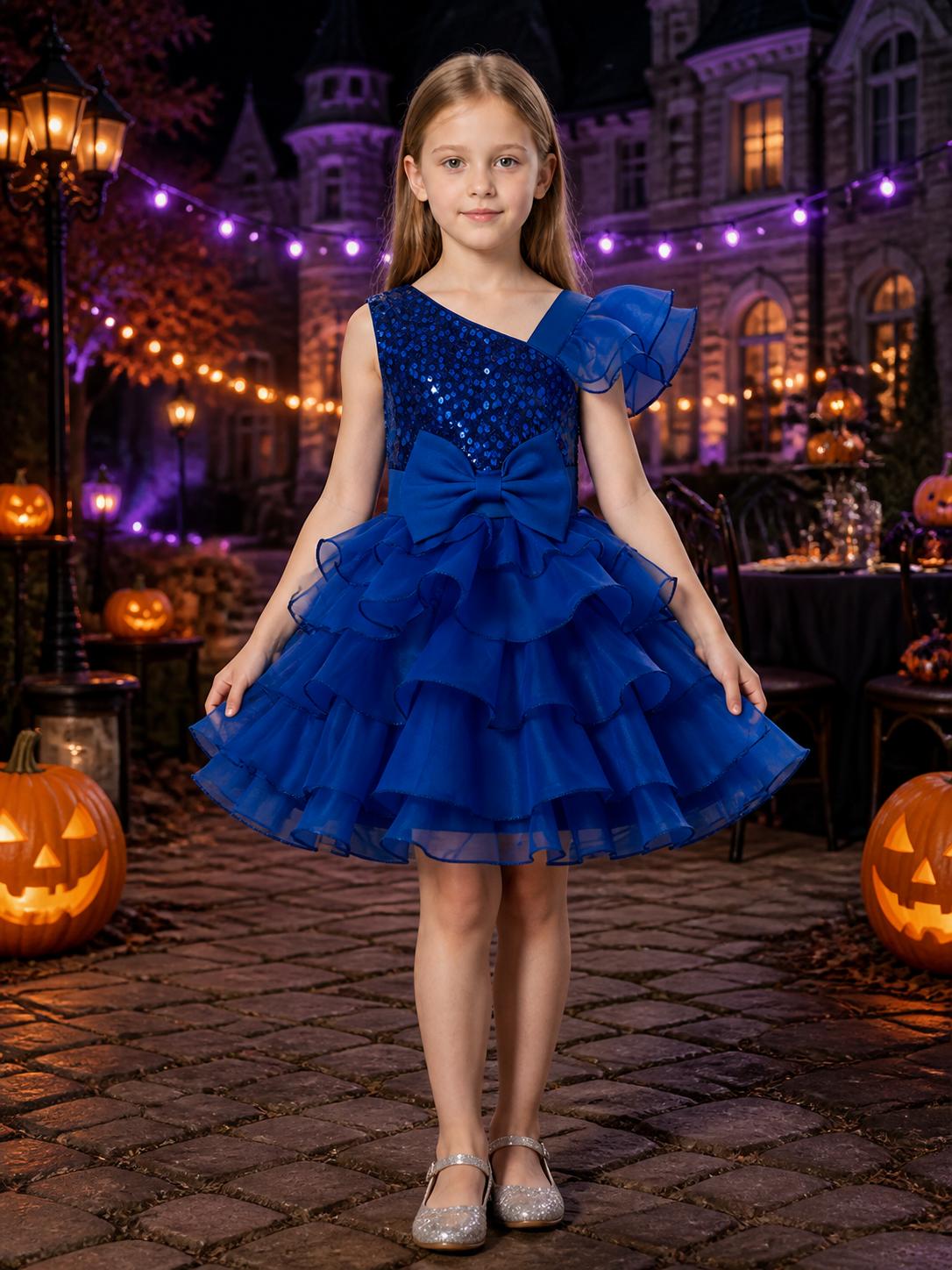 Toddler Girls' Blue Princess Dress, Sequined Bow Layered Ruffle Party Gown Costume Dresses detail 2