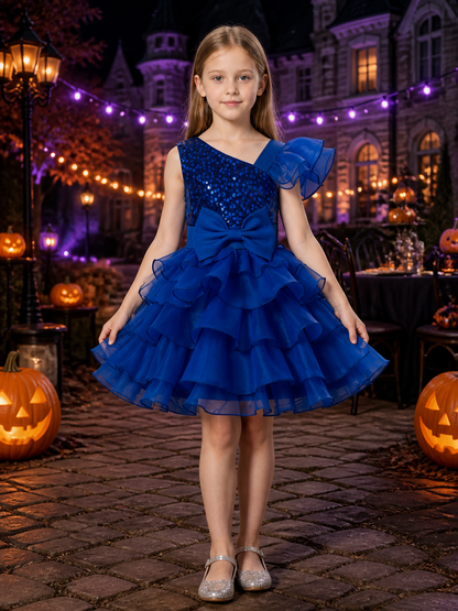 Toddler Girls' Blue Princess Dress, Sequined Bow Layered Ruffle Party Gown Costume Dresses detail 2