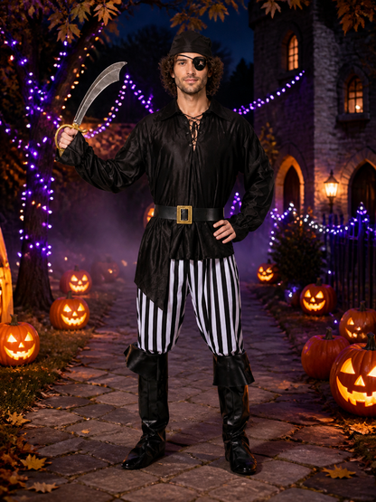 Men's Pirate Halloween Costume Set with Striped Pants and Boot Covers, Black Costumes detail 2