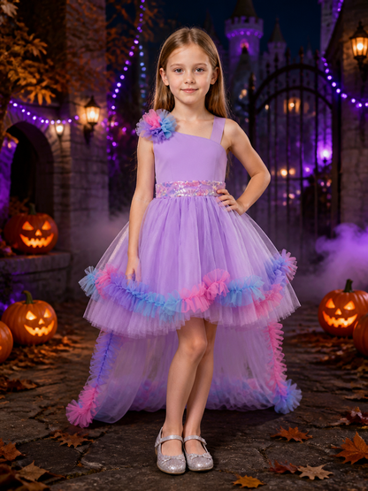 Girls' Princess Tulle Flower Girl Dress, One-Shoulder Long-Tail Party Gown Costume Dresses detail 2