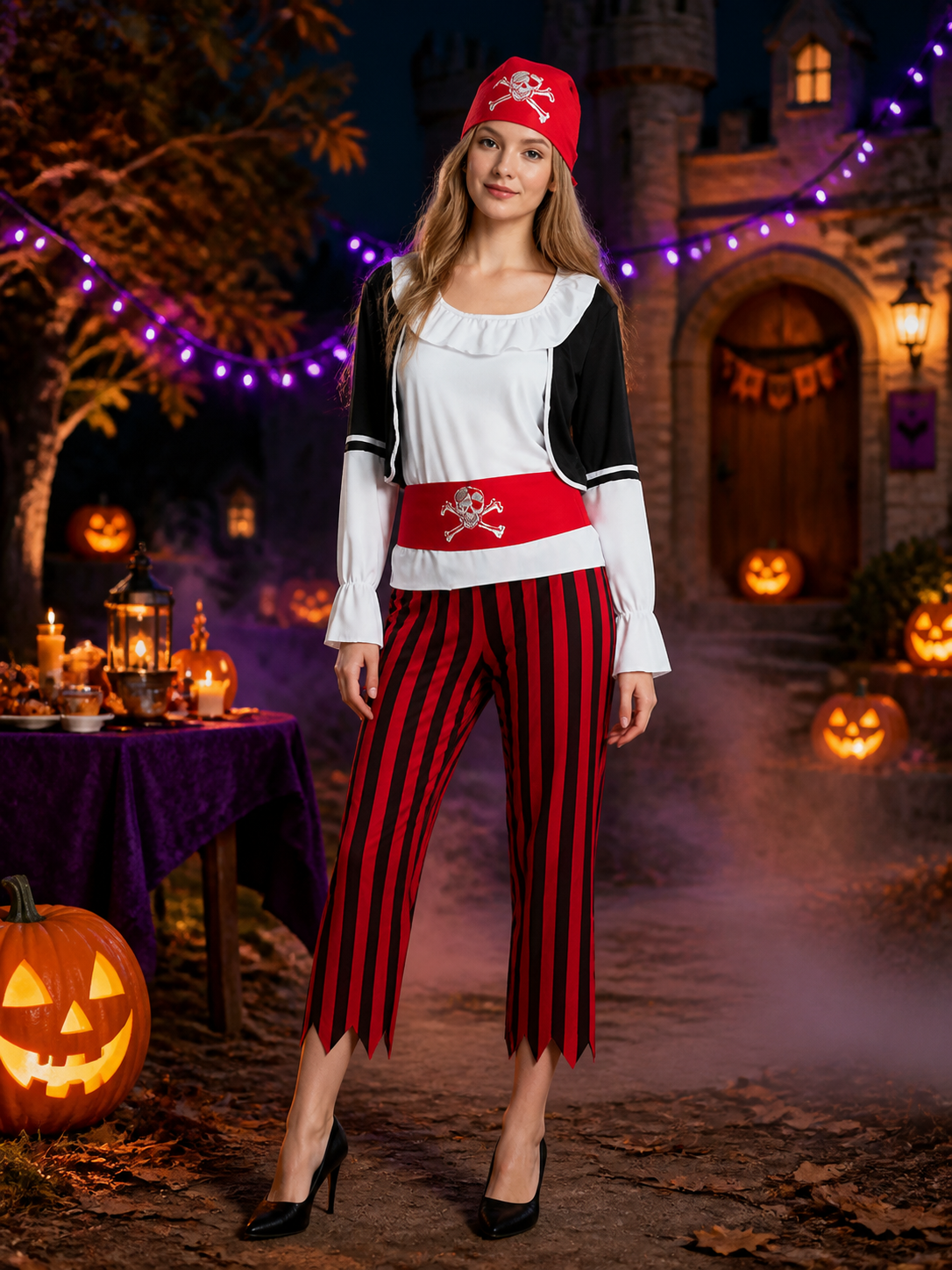 Adult Pirate Costume Set, Skull Crossbones Top, Striped Pants, Belt & Headscarf Costumes detail 2