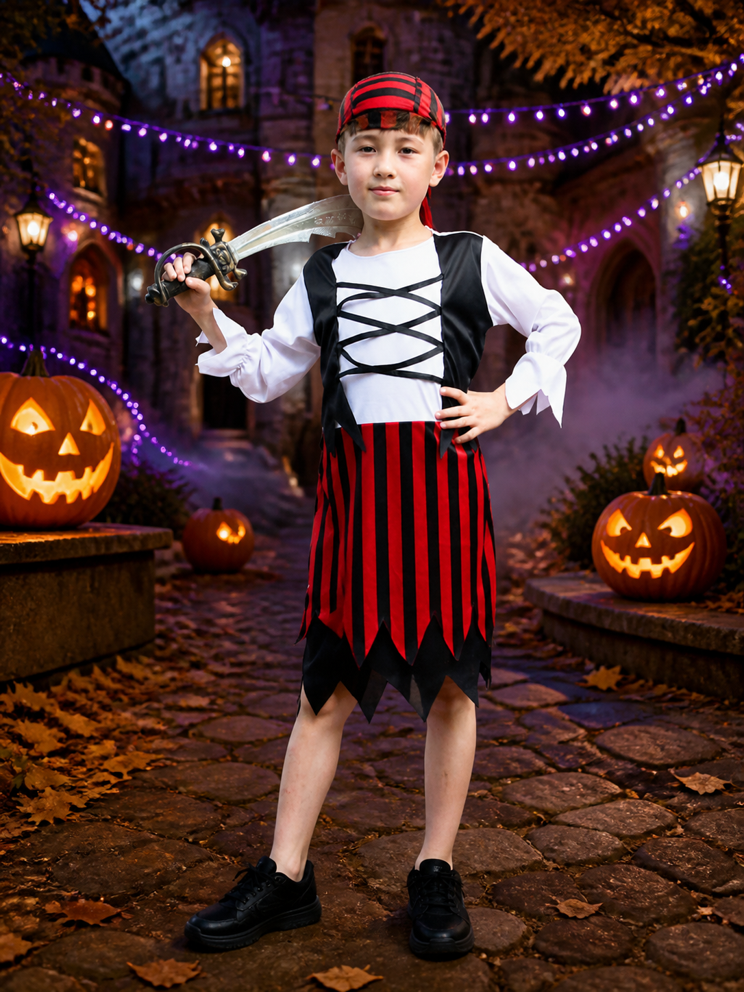 Children's Pirate Costume Set - Red Black Striped Dress & Hat for Halloween Costume Dresses detail 2