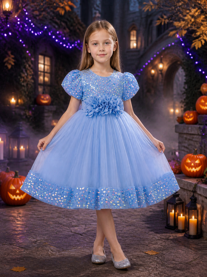 Baby Girls' Sky Blue Princess Dress, Sequined 3D Flower Puff Sleeve Tulle Gown Costume Dresses detail 2