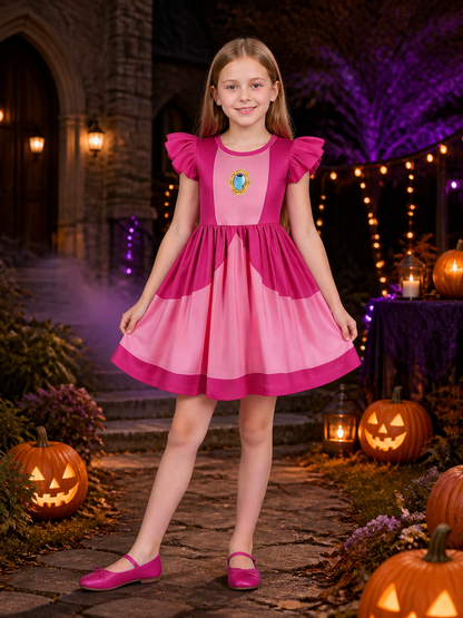 Kids Princess Peach Halloween Costume Dress with Ruffle Sleeves and Flared Skirt on-model Halloween scene view