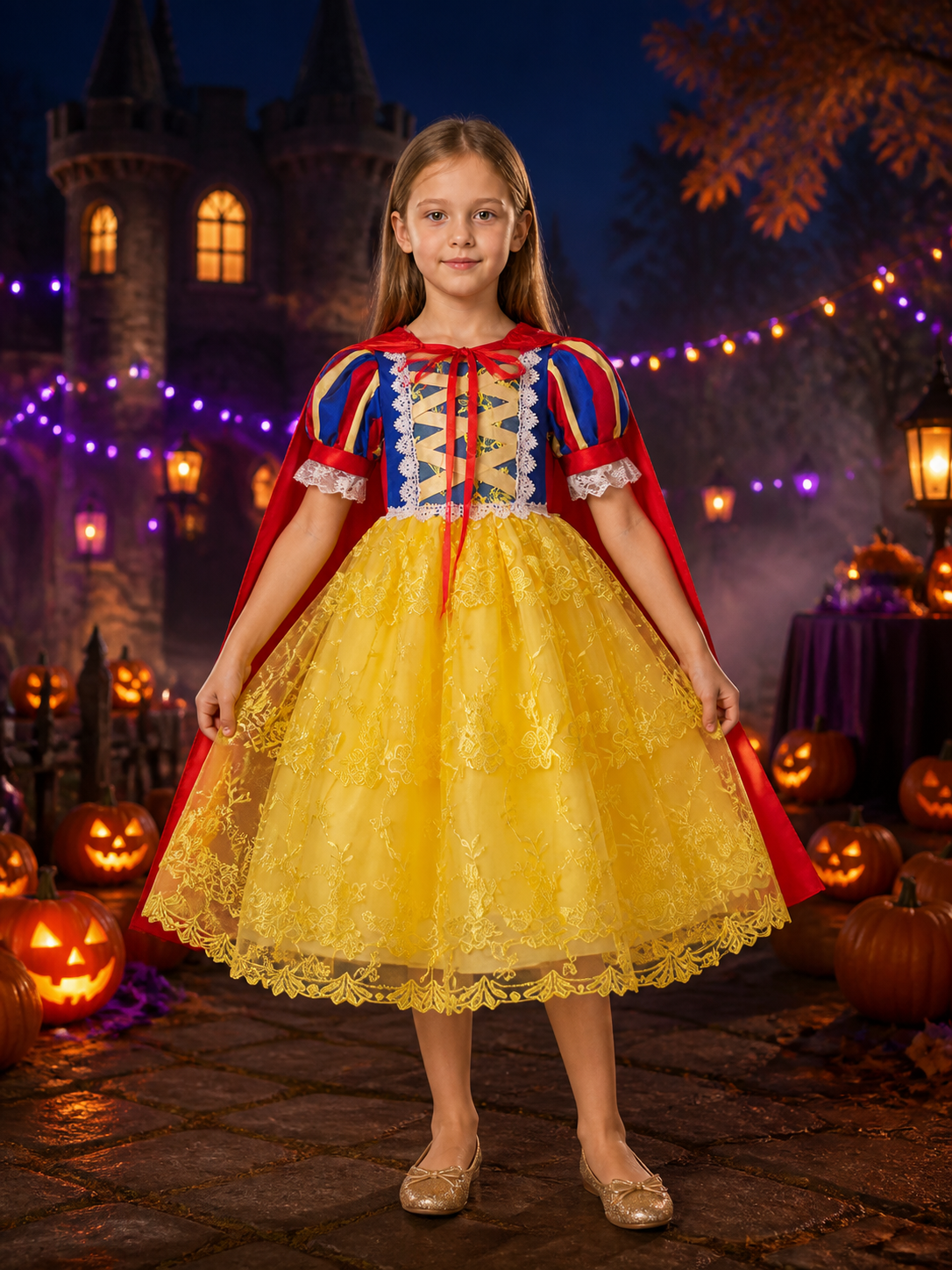Girls Princess Dress Costume Set With Cape, Lace and Yellow Tulle Skirt Costume Dresses detail 2