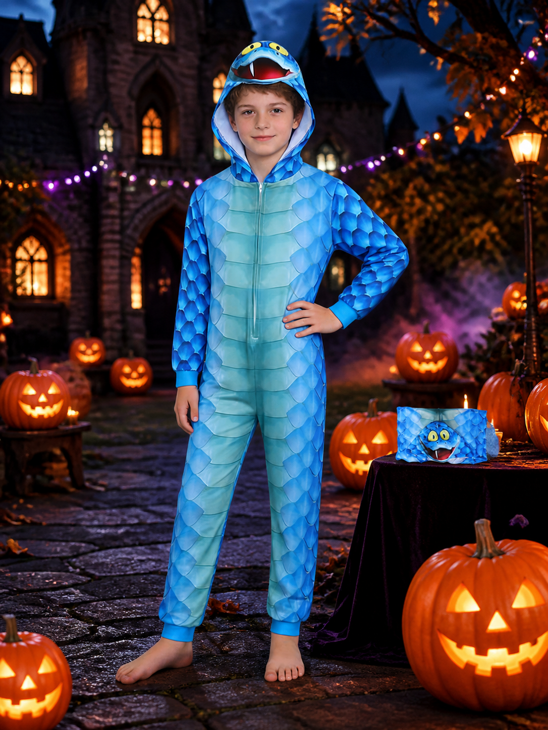 Blue Scaly Monster Hooded Onesie Costume for Kids with Front Zipper and Headband on-model Halloween scene view