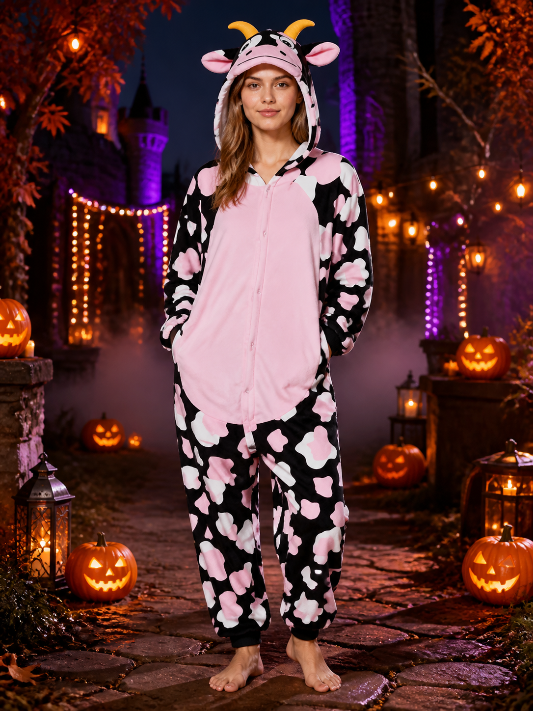 Pink Cow Animal Hooded Jumpsuit with Horns, Ears and Front Zipper product detail 2