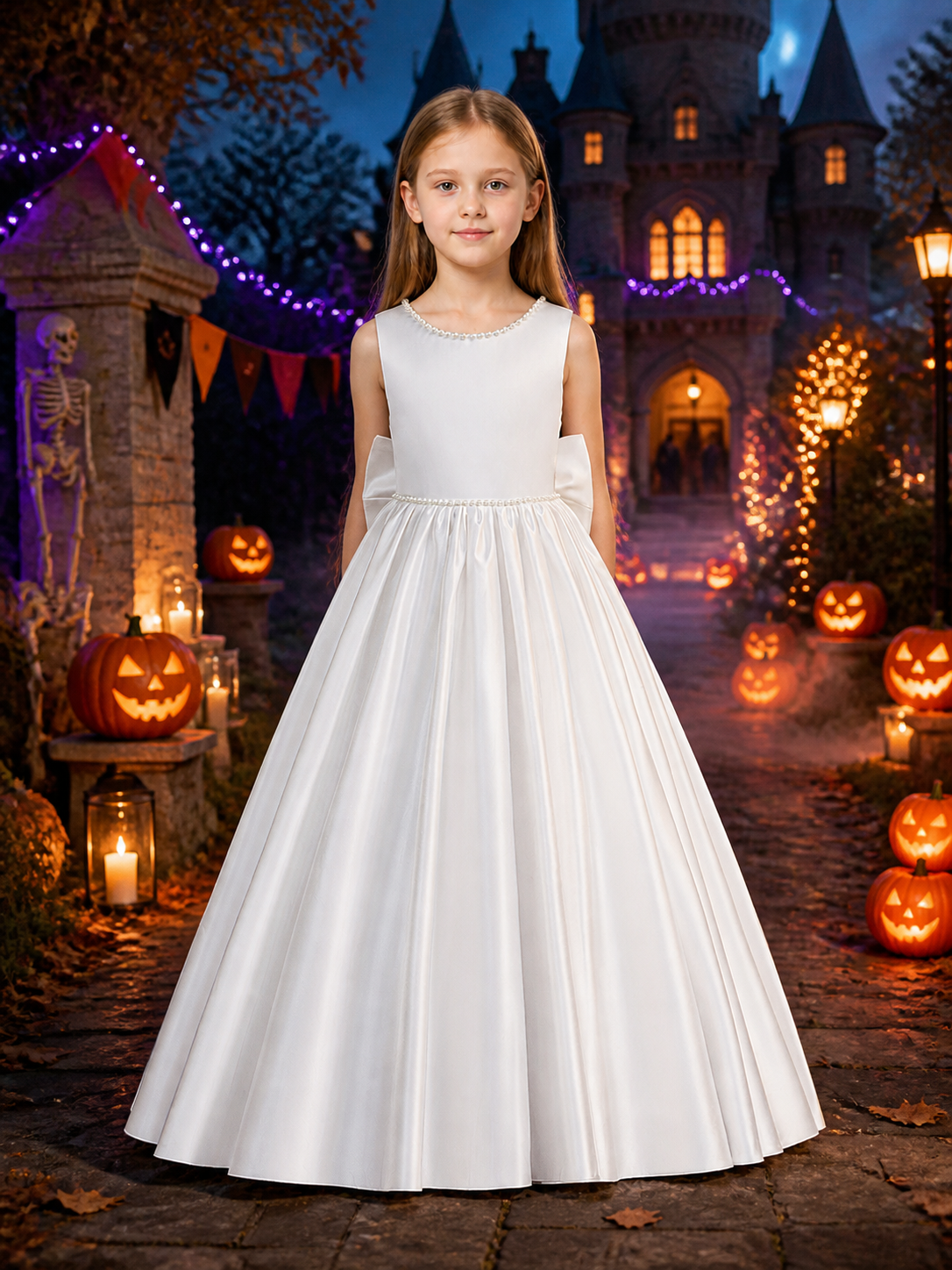 Girls' White Princess Dress, Sleeveless Long Formal Gown With Bow and Pearl-Like Costume Dresses detail 2