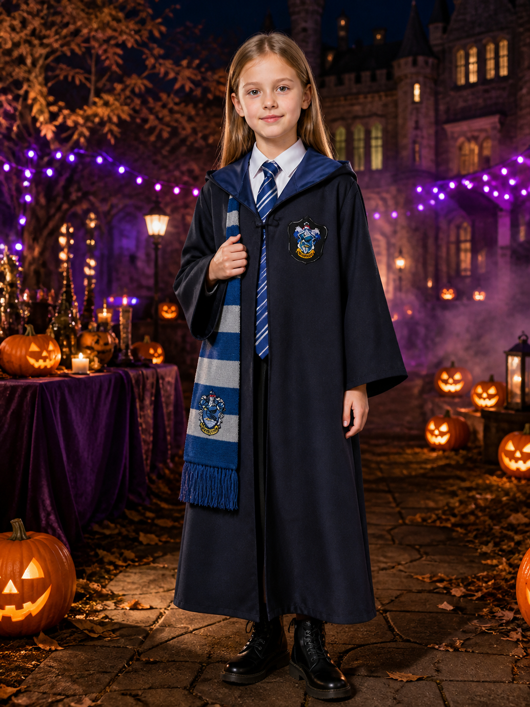 Kids Wizard Robe Costume Set, Hooded Long Cloak with Tie and Scarf, School Costume Capes detail 2