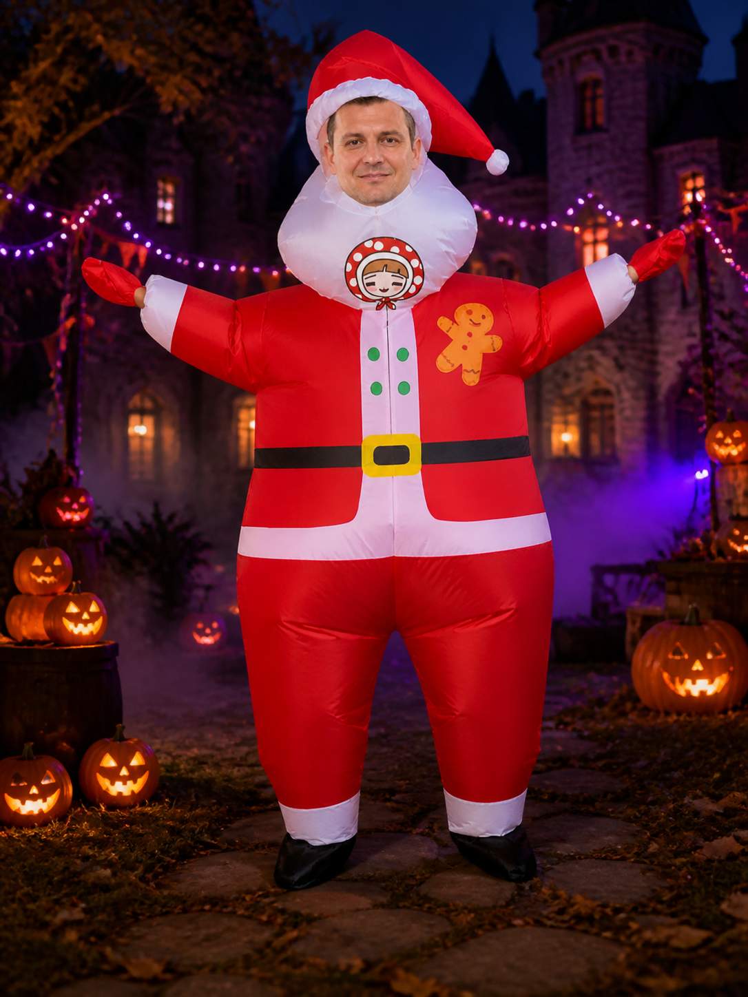 Inflatable Santa Claus Costume with Gingerbread Pattern - Red Christmas Jumpsuit Costumes detail 2