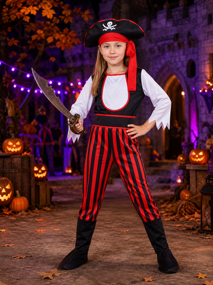 Kids Pirate Halloween Costume Set, Black White Red Striped Outfit with Skull Hat Costume Headwear detail 2