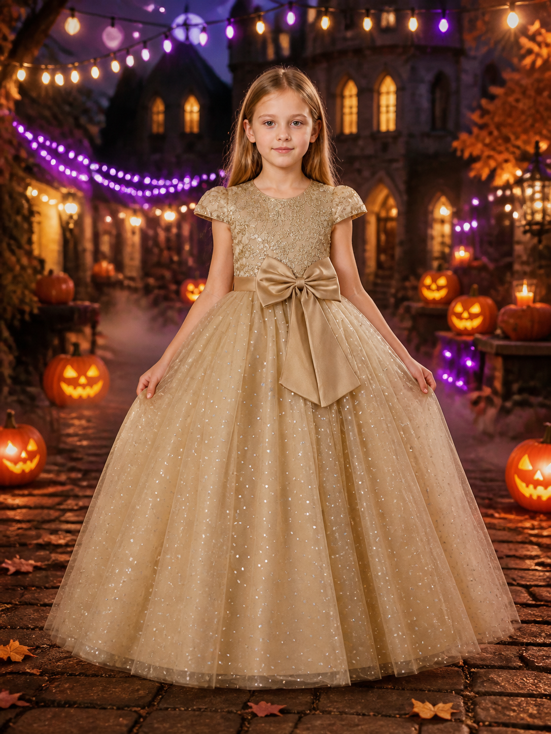Girls' Champagne Princess Dress with Floral Lace, Bow and Sequin Tulle Skirt Costume Dresses detail 2